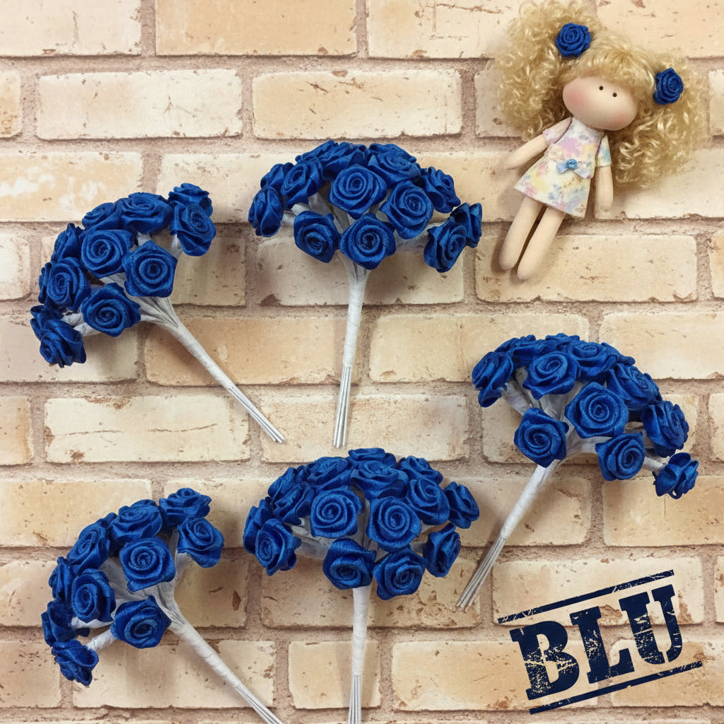 roselline raso satin blu fiori di tessuto uso fai da te bomboniere applicazioni composizioni floreali pasquali fioristi cucito creativo hobbistica acconciature spose