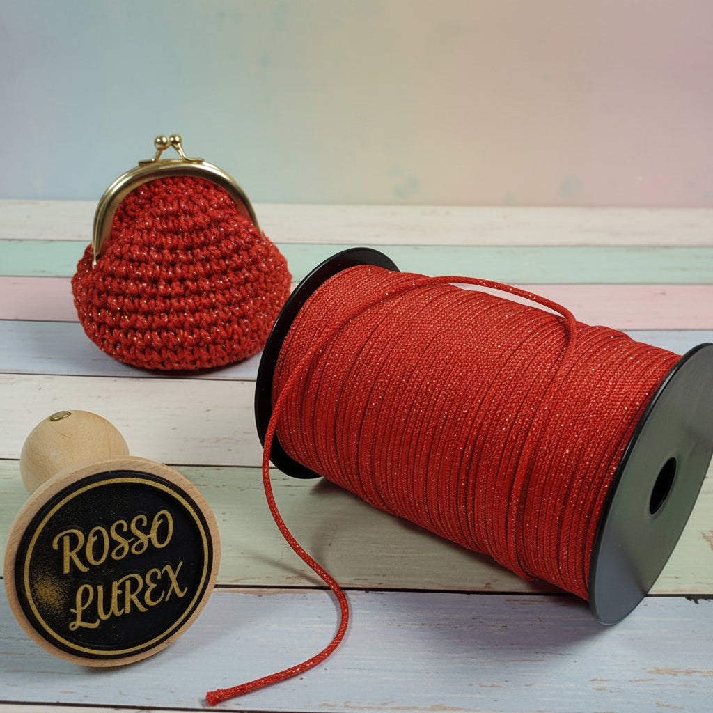 rosso lurex cordino thai per borsellino e borse uncinetto pochette tripolino  brillantinato lamè glitter per bijoux amigurumi crochet cordoncino bags luccicanti dorate clutch sera cerimonia