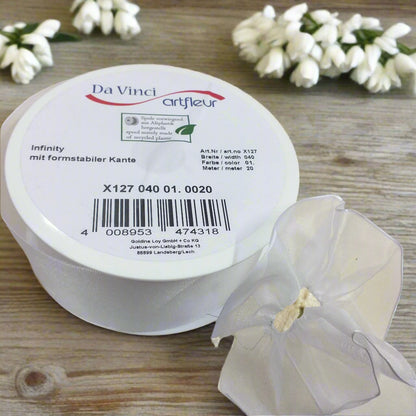 X127 Infinity prodotto da Da Vinci artfleur nastro organza rinforzato bianco 40 mm con ferretto bordo animato ondulato arricciato per fiocco coccarda facile uso packaging confezionamento bomboniere fai da te acconciature sposa bouquet