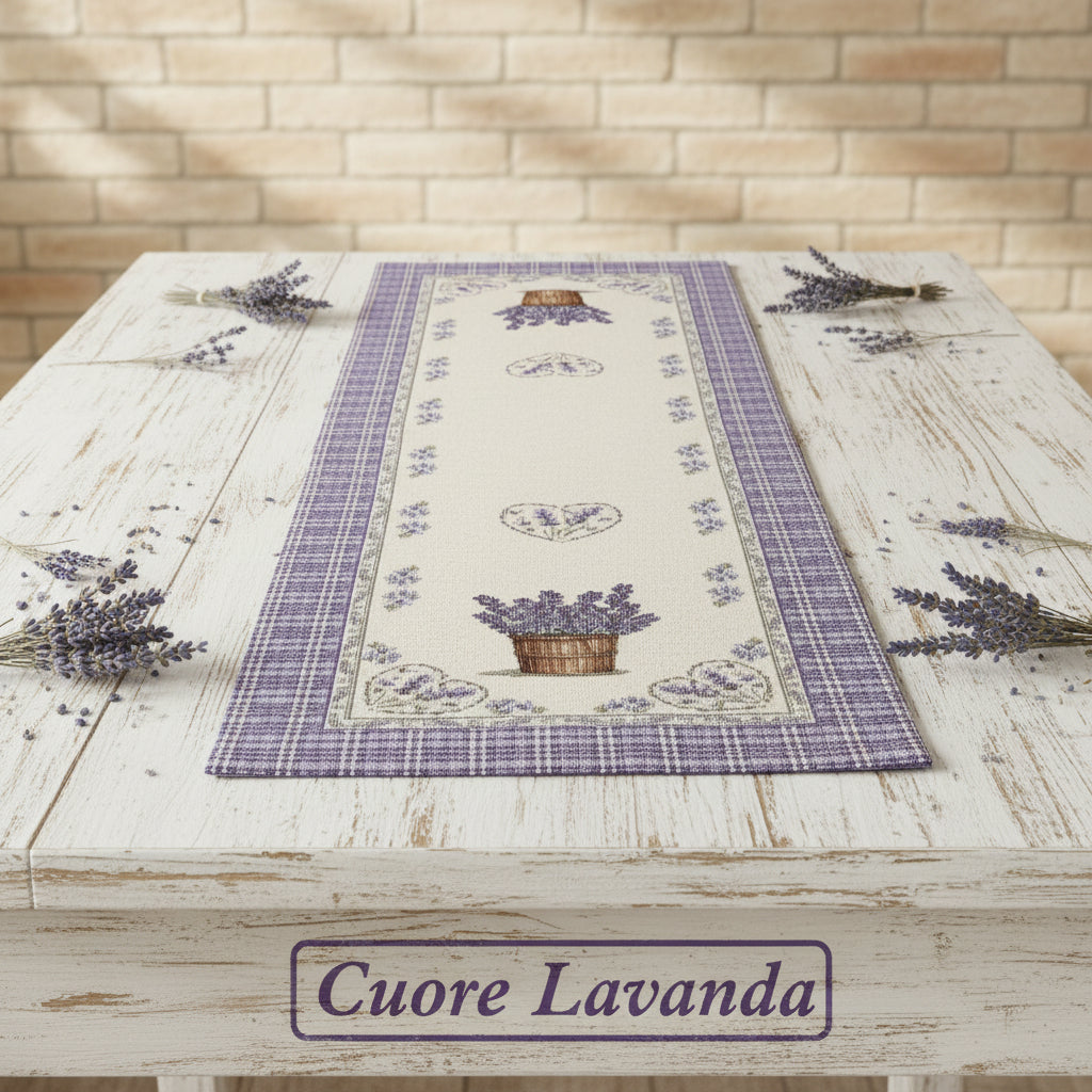 tessuto lavanda azzurro lilla scozzese stoffa tinta unita idea regalo runner tavola cucina soggiorno disegni piantine bouquet cuori