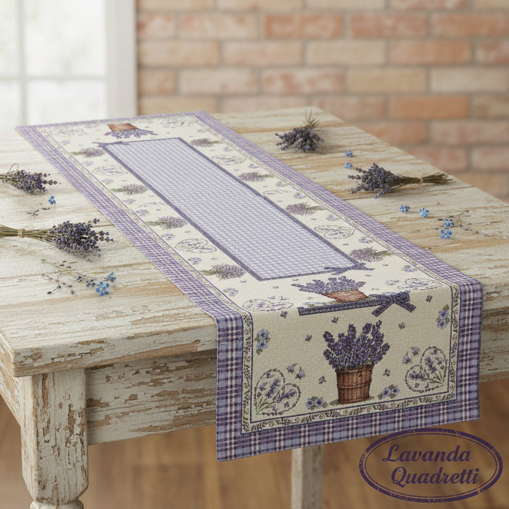 tessuto lavanda azzurro lilla scozzese e quadretti stoffa tinta unita idea regalo runner tavola cucina soggiorno disegni piantine secchiello legno cuori