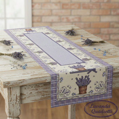 tessuto lavanda azzurro lilla scozzese e quadretti stoffa tinta unita idea regalo runner tavola cucina soggiorno disegni piantine secchiello legno cuori