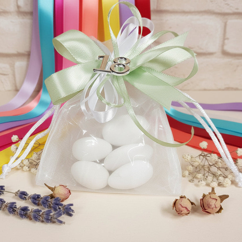colori vivaci o verde salvia chiaro 18 anni sacchetti confetti confezionati per bomboniere diciottesimo compleanno  ragazzo o ragazza originali idee per allestimento con fiori secchi