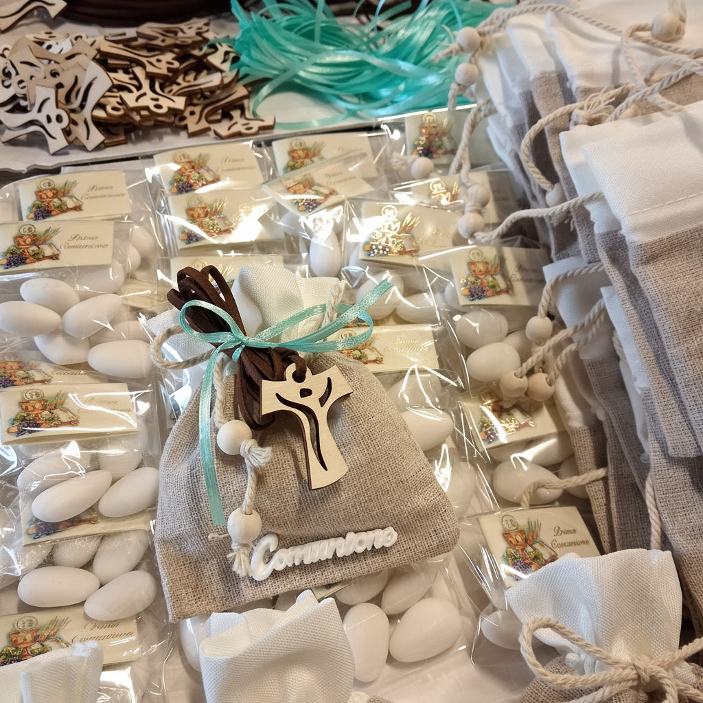 kit fai da te sacchetti comunione bomboniere con portaconfetti juta gessetto scritta collanina tau legno ciondolo Croce confezionata confetti bigliettino