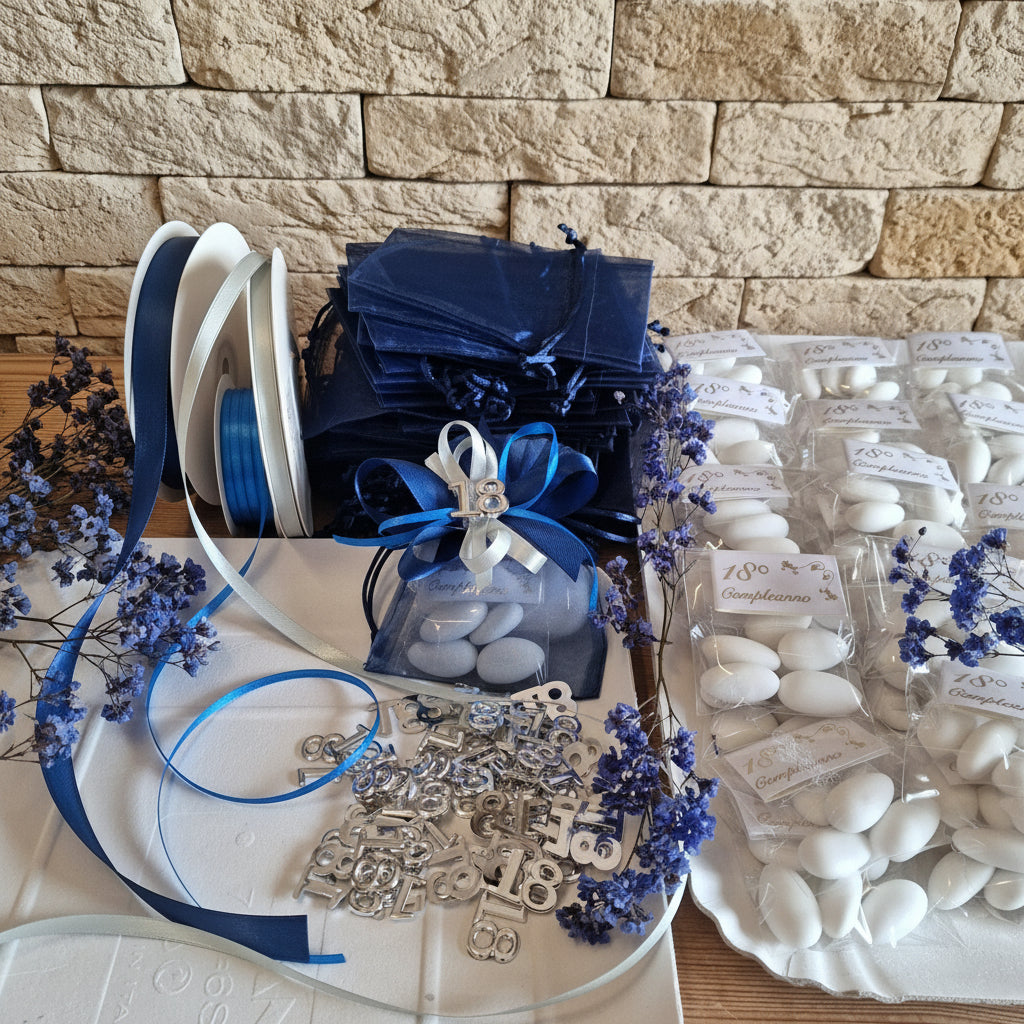 materiale che utilizziamo per 18 anni sacchetti confetti confezionati per bomboniere diciottesimo compleanno blu argento ragazzo o ragazza originali idee per allestimento con fiori secchi