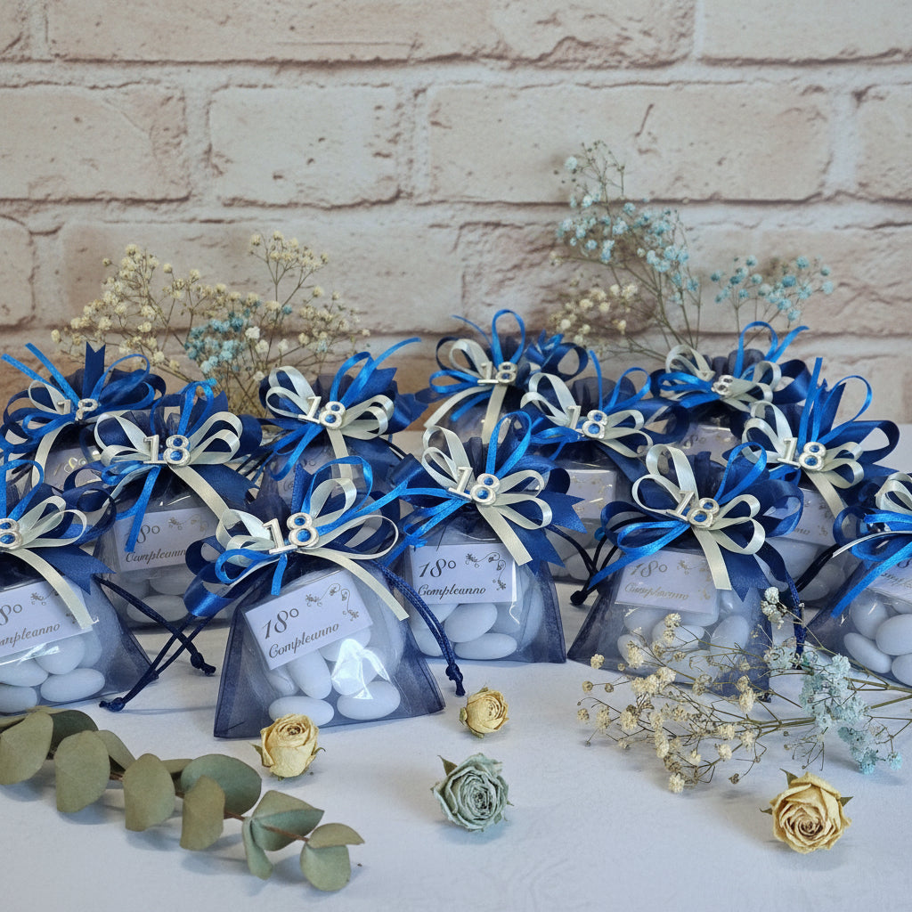 confettata di 18 anni sacchetti confetti confezionati per bomboniere diciottesimo compleanno blu argento ragazzo o ragazza originali idee per allestimento con fiori secchi