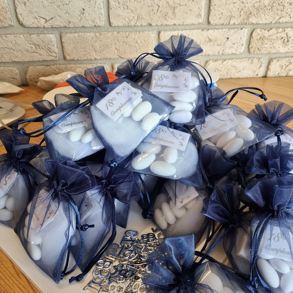 working in progress preparazione di 18 anni sacchetti confetti per bomboniere diciottesimo compleanno blu argento ragazzo o ragazza originali idee