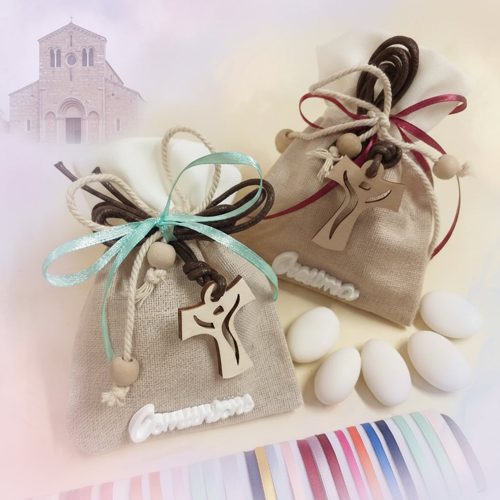 shop bomboniere portaconfetti sacchetti juta-cotone con applicazione gessetto scritta Comunione Cresima confezionato confetti bigliettino simboli  collana corda marrone Croce Tau legno francescana perle e colori nastri