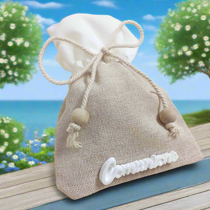shop bomboniere portaconfetti sacchetti juta-cotone con applicazione gessetto scritta Comunione da confezionare confetti tirante corda e perle legno francescane