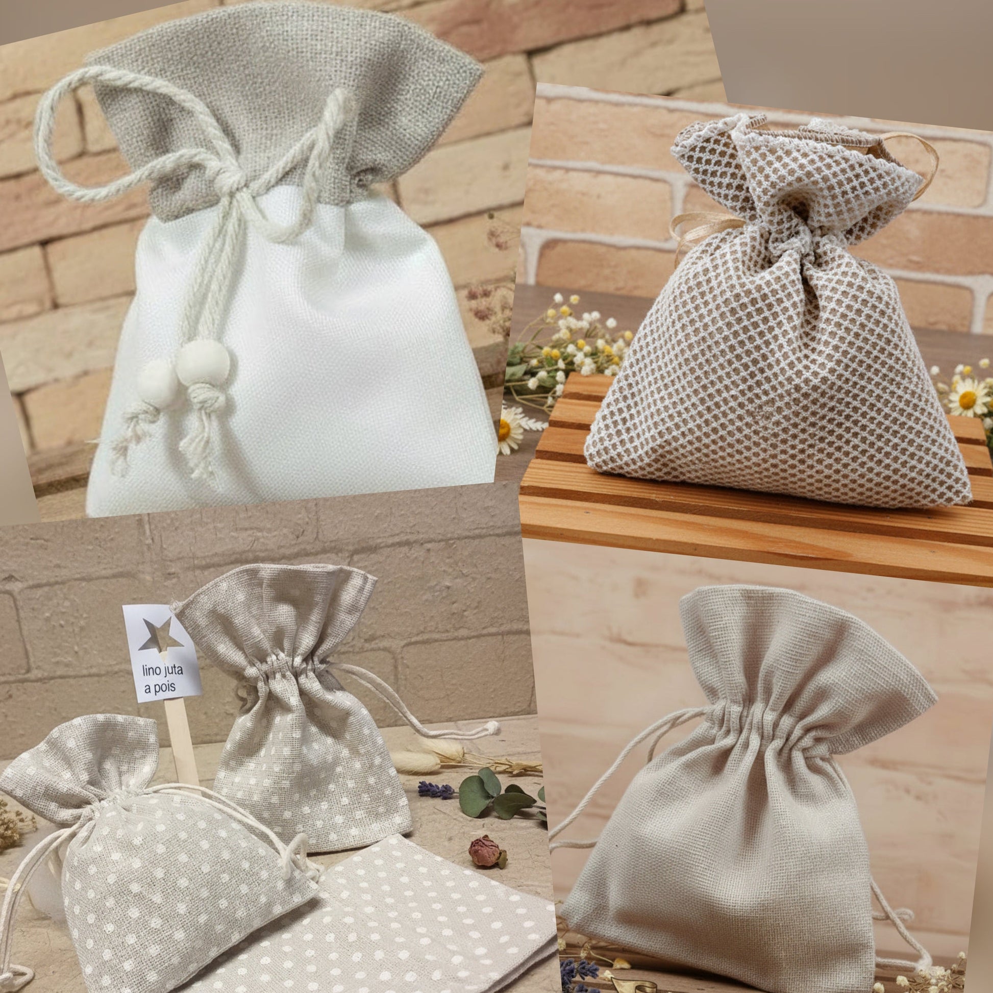 bustine con cordino tirante sacchettino juta lino beige corda portaconfetti bomboniere fai da te e confettata matrimonio Comunione Cresima uso packaging chicchi caffè enogastronomia semi piantine lavanda fiori secchi profumati riso sposi