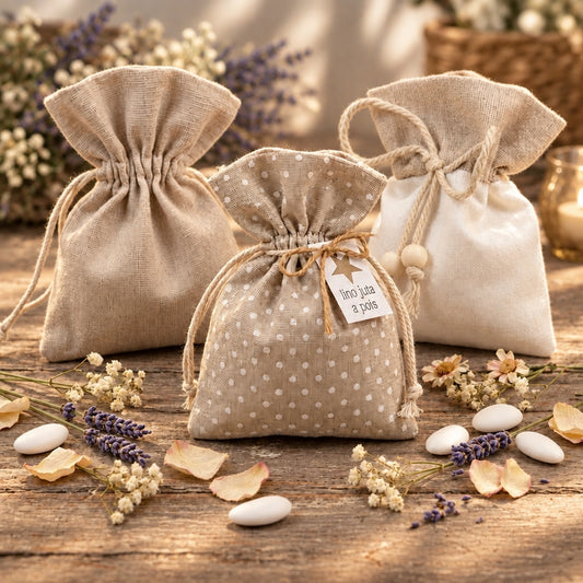 bustine con cordino tirante sacchettino juta lino beige corda portaconfetti bomboniere fai da te e confettata matrimonio Comunione Cresima uso packaging chicchi caffè enogastronomia semi piantine lavanda fiori secchi profumati riso sposi