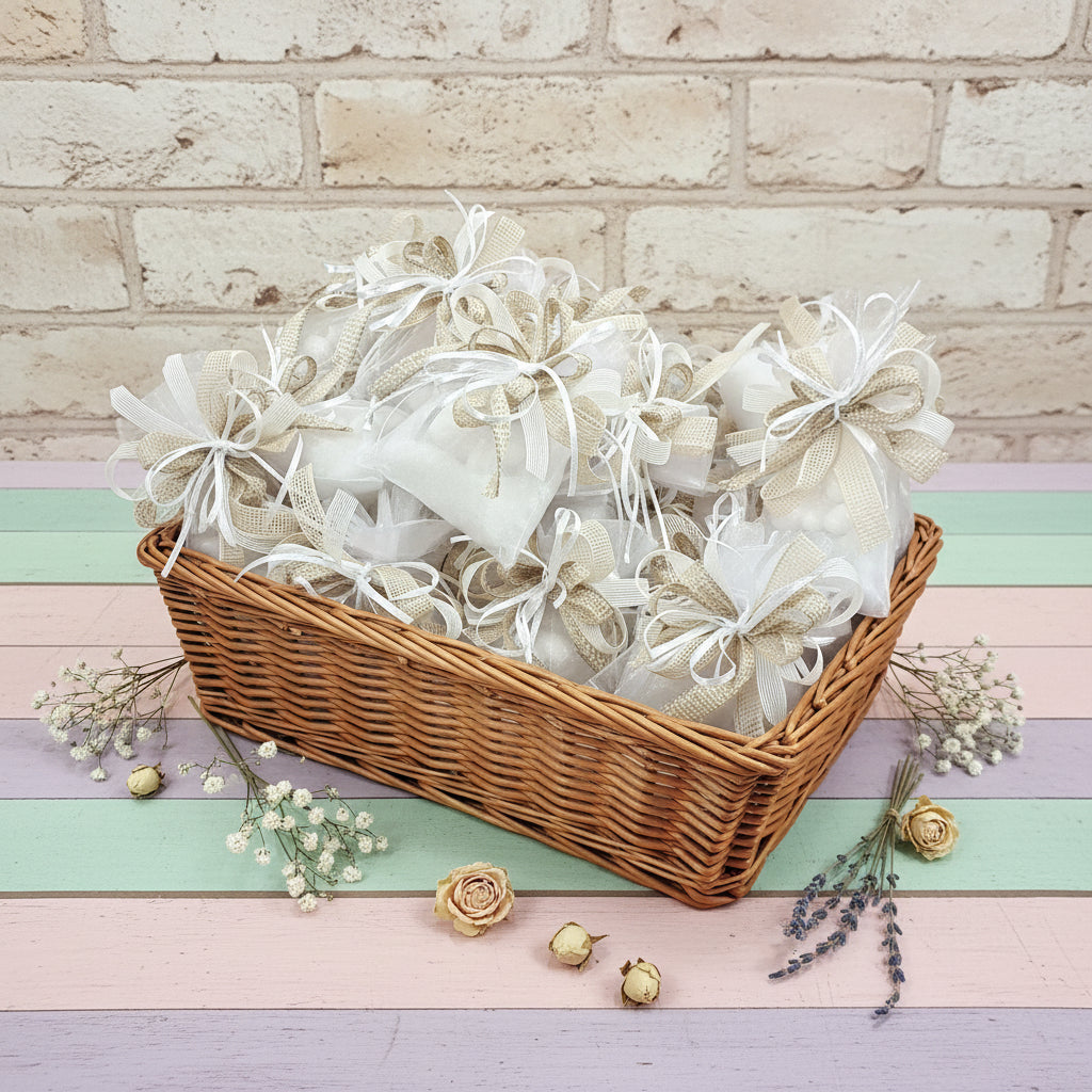 cesto vimini allestimento sacchetto organza con grande fiocco coccarda rustica green shabby juta garza lino confezionato confetti matrimonio Prima Comunione Santa Cresima ambiente country fiori secchi grezzo naturale