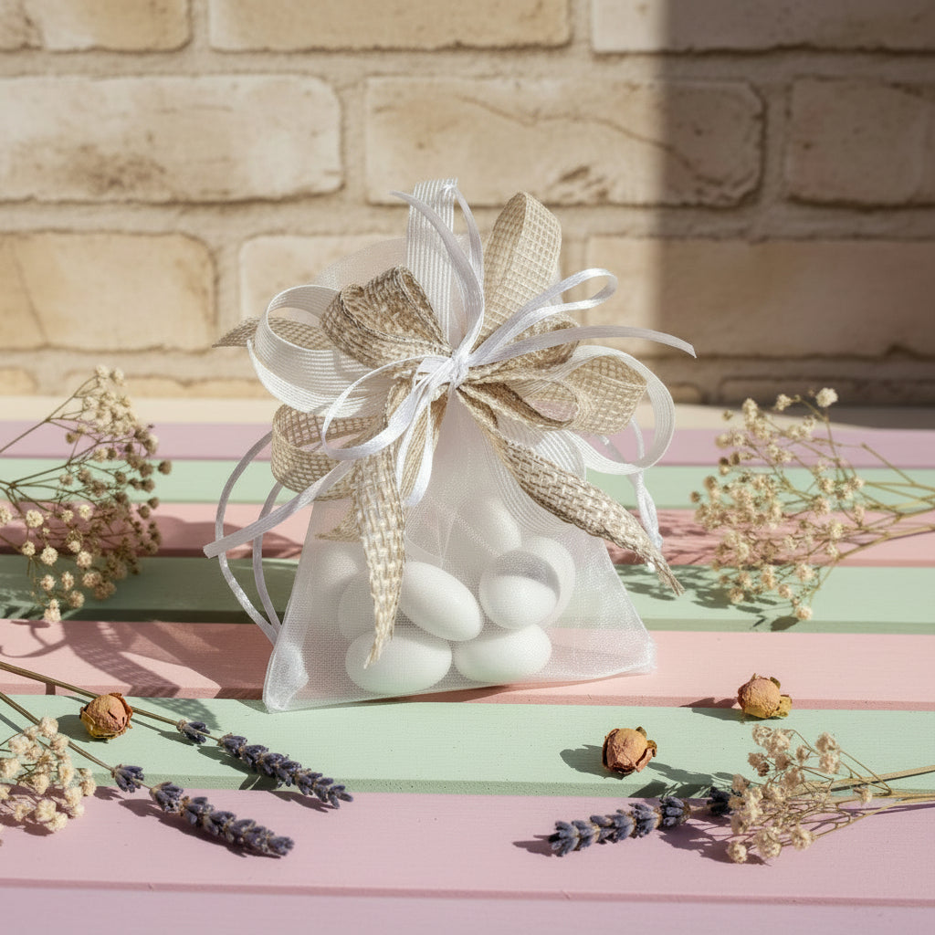 solitario sacchetto organza con grande fiocco coccarda rustica green shabby juta garza lino confezionato confetti matrimonio Prima Comunione Santa Cresima ambiente country fiori secchi grezzo naturale
