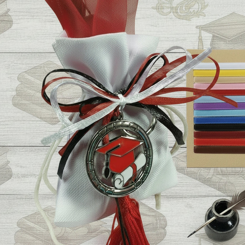 verde lilla alternativa nastri per kit fai da te confetti sacchetto bianco da confezionare tulle tris colori nastrini bianco rosso nero portachiavi tocco cappello laurea ciondolo smaltato pergamena nappina bomboniera