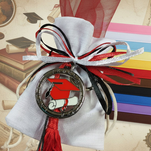 blu celeste alternative tinte per packaging kit fai da te confetti sacchetto bianco da confezionare tulle tris colori nastrini bianco rosso nero portachiavi tocco cappello laurea ciondolo smaltato pergamena nappina bomboniera scelta nastri