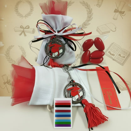 kit fai da te confetti sacchetto bianco da confezionare tulle tris colori nastrini bianco rosso nero portachiavi tocco cappello laurea ciondolo smaltato pergamena nappina bomboniera scelta nastri