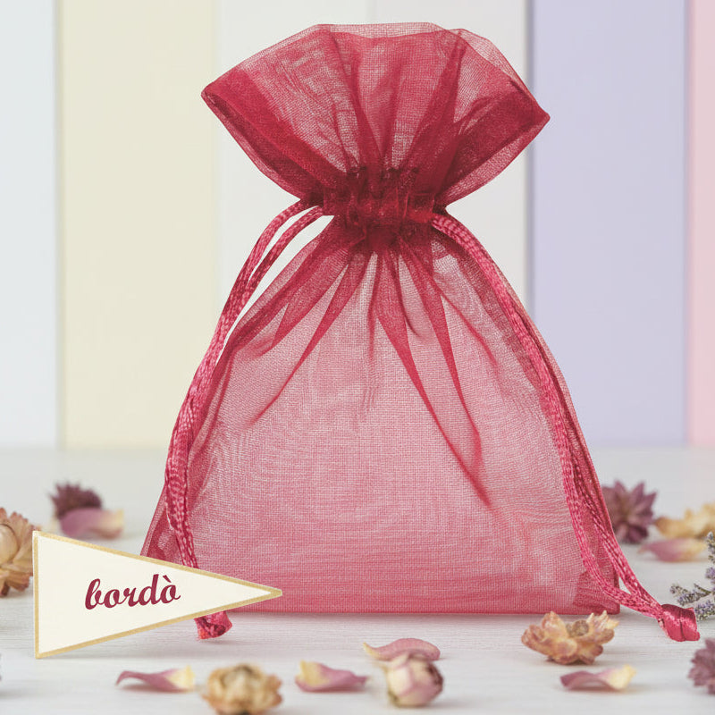 negozio online sacchetti organza bordò portaconfetti bomboniere bustine con tirante per confezioni regalo portariso sposi packaging lavanda confezionamento pot-pourri fiori profumati