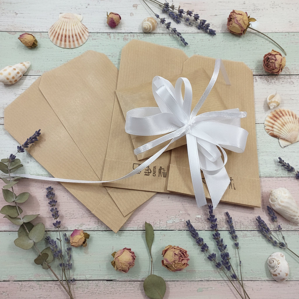 mini sacchetti alimentari di carta 7 x 13 colore kraft beige avana per confezionamento packaging portaconfetti confettata bomboniere matrimonio comunione battesimo cresima con fiocco coccarda