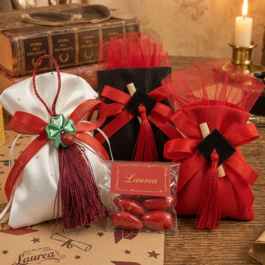 confezione 5 confetti rossi mandorla con bigliettino bomboniera laurea portaconfetti sacchetto nero o rosso con fiocco nappina pergamena e mini tocco oppure bianco coccinella nappina quadrifoglio