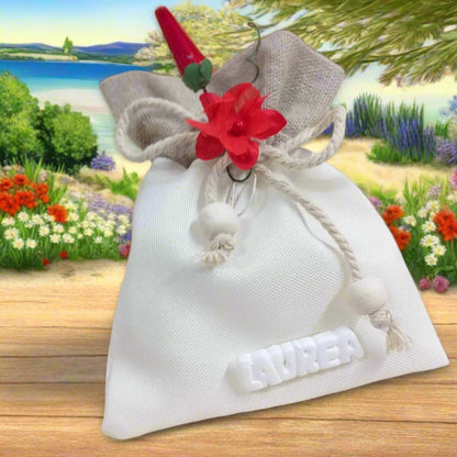 portaconfetti bomboniere sacchetto juta bianca e beige corda perline particolare originale per laurea fai da te e confezionato applicazione  peperoncino fiore rosso