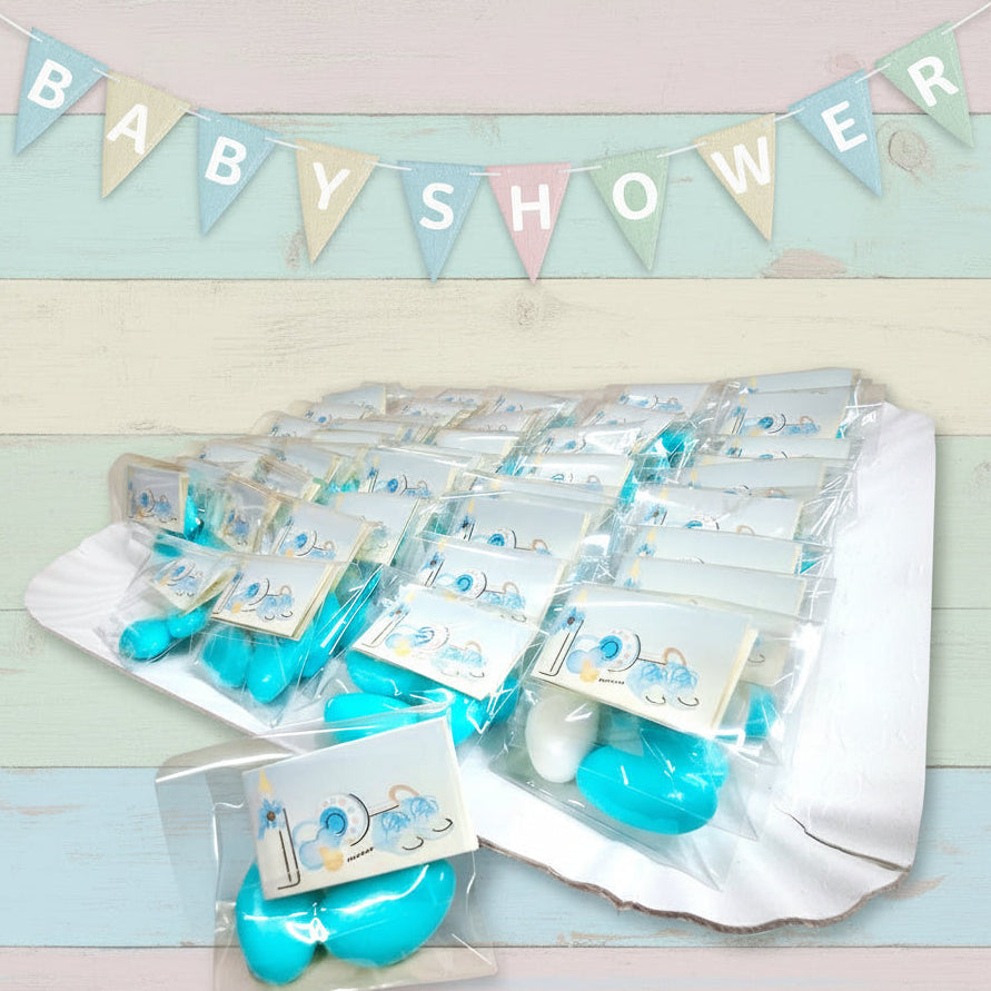 babyshower confezionamento azzurro celeste blu bustine bomboniera nascita 1 euro confezionati confetti bigliettini personalizzati per  bimbo maschietto baby bebè