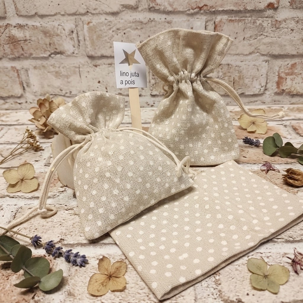 sacchettino juta lino pois bianchi corda portaconfetti bomboniere fai da te e confettata matrimonio Comunione Cresima uso packaging chicchi caffè enogastronomia semi piantine lavanda confezioni Natale