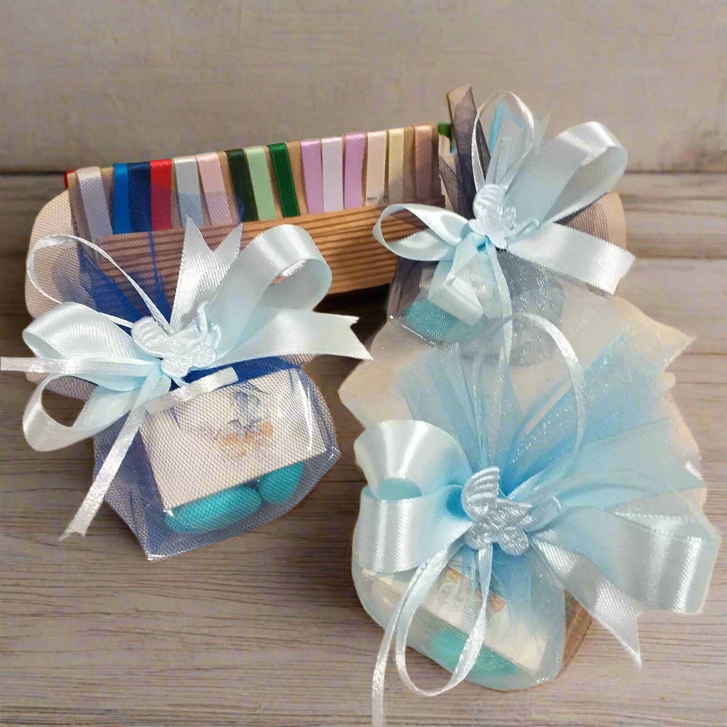 carrozzina applicazione azzurro celeste blu sacchettini bomboniera nascita 1 euro confezionati confetti bigliettini personalizzati per  bimbo maschietto baby bebè