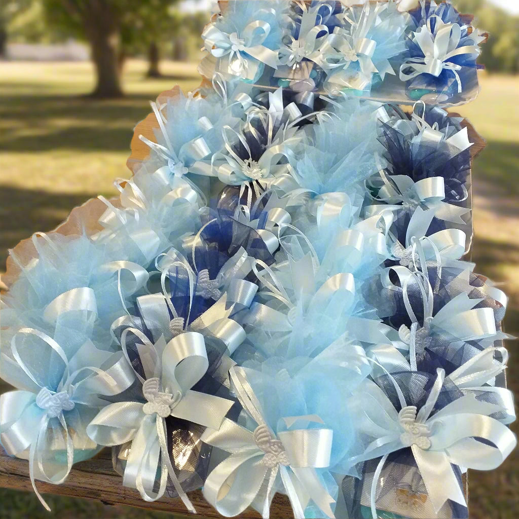 allestimento confettata azzurro celeste blu sacchettini bomboniera nascita 1 euro confezionati confetti bigliettini personalizzati per  bimbo maschietto baby bebè battesimo
