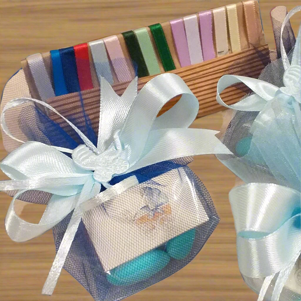 nastrini colori e azzurro celeste blu sacchettini bomboniera nascita 1 euro confezionati confetti bigliettini personalizzati per  bimbo maschietto baby bebè