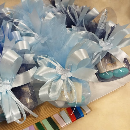 tavolino battesimo azzurro celeste blu sacchettini bomboniera nascita 1 euro confezionati confetti bigliettini personalizzati per  bimbo maschietto baby bebè
