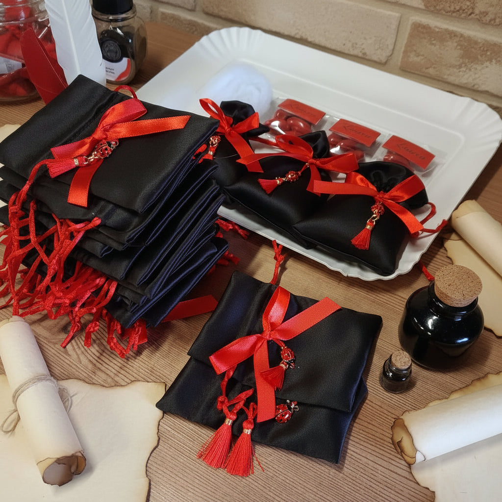 confezionamento sacchettini di raso fiocchetto coccinella con confetti rossi bigliettino imbottitura alimentare come bomboniere e segnaposto laurea