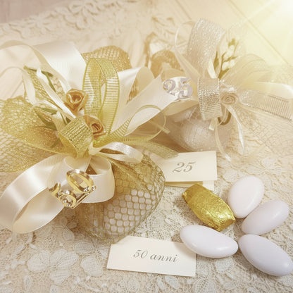 dettagli bigliettini di sacchettini rete oro argento simboli applicazioni 50 e 25 anni rose dorate argentate velo da sposa nebbiolina bianca coccarda nastro lurex e raso confetti mandorla cioccolato bianchi dorati kit fai da te o confezionati bomboniere anniversario matrimonio
