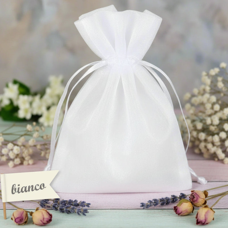 negozio online sacchetti organza bianco portaconfetti bomboniere bustine con tirante per confezioni regalo portariso sposi packaging lavanda confezionamento pot-pourri fiori profumati