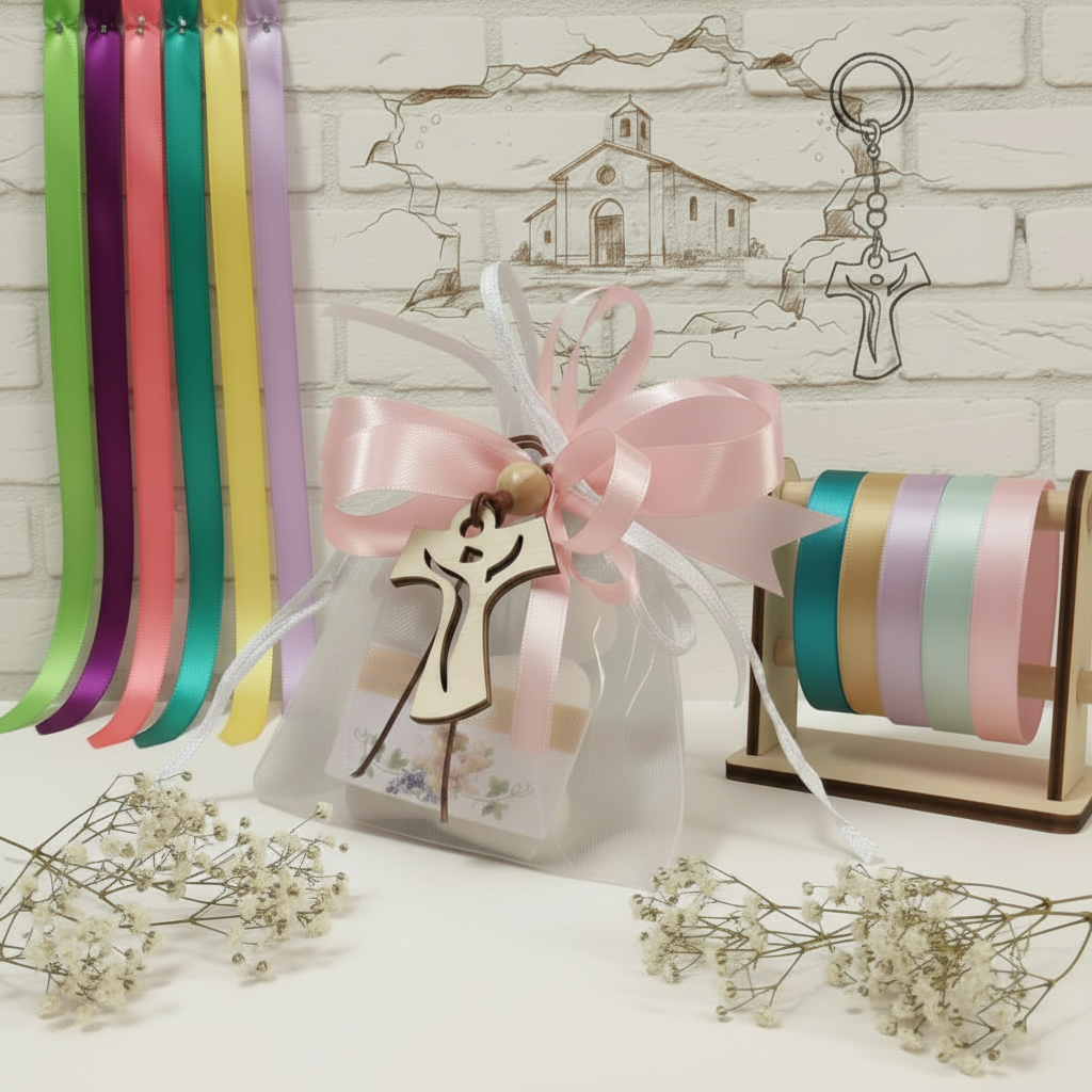 nastri rosa bianco bambina femmina Calice Croce portachiavi legno Tau francescano bomboniera sacchetto Cresima Comunione bianco confezionato confetti bigliettino stampato personalizzato simboli campionario colori e schizzo del ricordino