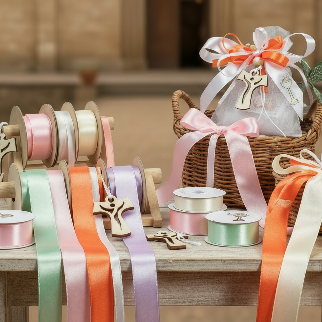 allestimento nastri bambina femmina o bambino maschio Calice Croce portachiavi legno Tau francescano bomboniera sacchetto Cresima Comunione bianco confezionato confetti bigliettino stampato personalizzato simboli campionario colori