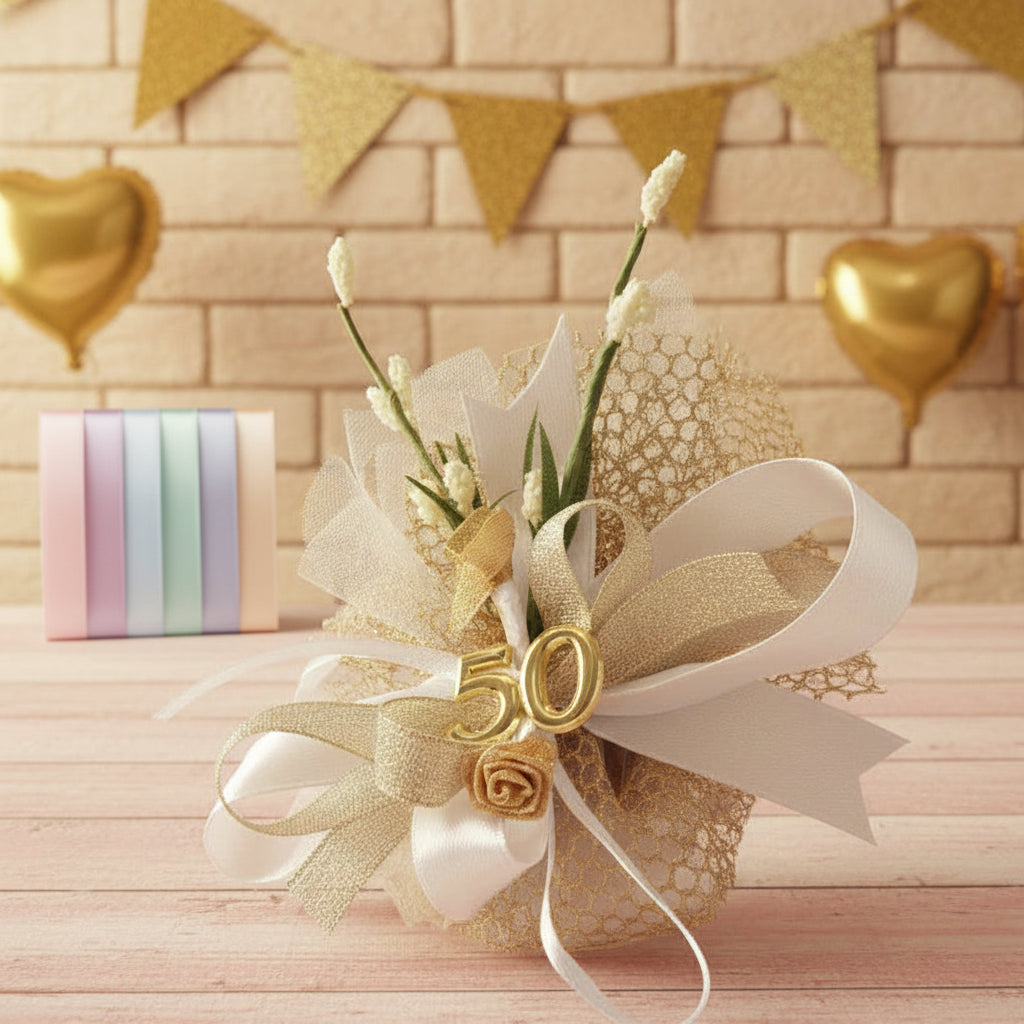 colori nastrini kit fai da te 50 anni cinquantesimo sacchetti rete dorata simboli applicazioni rose oro velo da sposa nebbiolina bianca coccarda nastro lurex e raso confetti mandorla cioccolato bianchi bomboniere anniversario matrimonio
