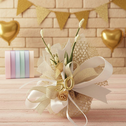 colori nastrini kit fai da te 50 anni cinquantesimo sacchetti rete dorata simboli applicazioni rose oro velo da sposa nebbiolina bianca coccarda nastro lurex e raso confetti mandorla cioccolato bianchi bomboniere anniversario matrimonio