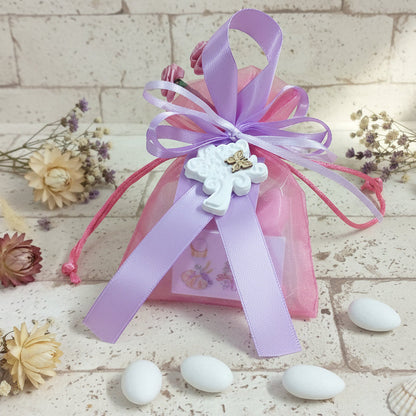 fucsia lilla sacchettini bomboniere organza gessetto albero della vita per confettata e segnaposto Prima Comunione Santa Cresima Battesimo bimba femminuccia confezionato confetti bigliettino roselline