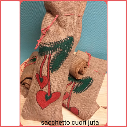 sacchetti juta cuori portabottiglie confezione regalo cuoricini san valentino festa della mamma laccio tirante cordino packaging country