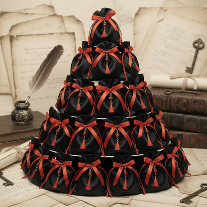 idee originali come confezionare portaconfetti laurea bomboniere sacchettini di raso rosso nero con ciondolo coccinella portafortuna nappina rossa, la forma della torta a 5 piani, simboli grafici vintage penna calamaio libri