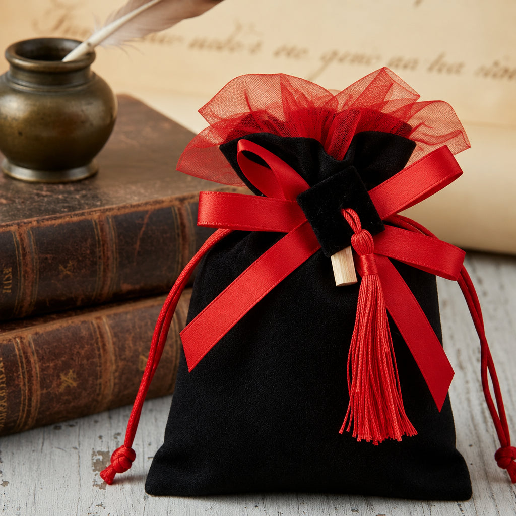 sacchetto portaconfetti nero confezionato come bomboniera laurea con coccarda rossa pergamena tocco cappello e nappina