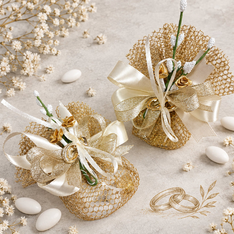 sacchettino dorato confezionato confetti bomboniera nozze d'oro o matrimonio anniversario con fedi fiori coccarda
