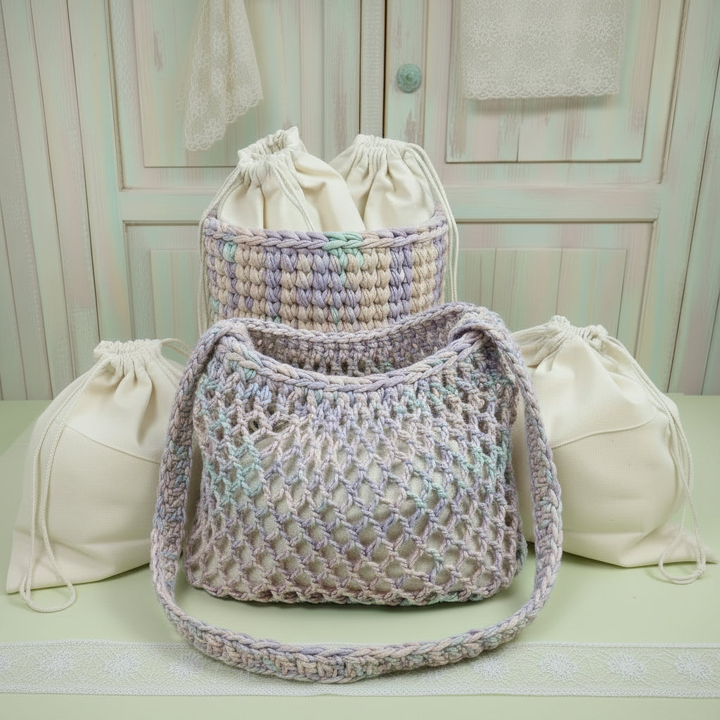 sacchetto cotone coulisse corda per  interno o packaging borse uncinetto a rete shopper bags fettuccia