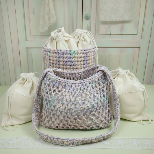 sacchetto cotone coulisse corda per  interno o packaging borse uncinetto a rete shopper bags fettuccia
