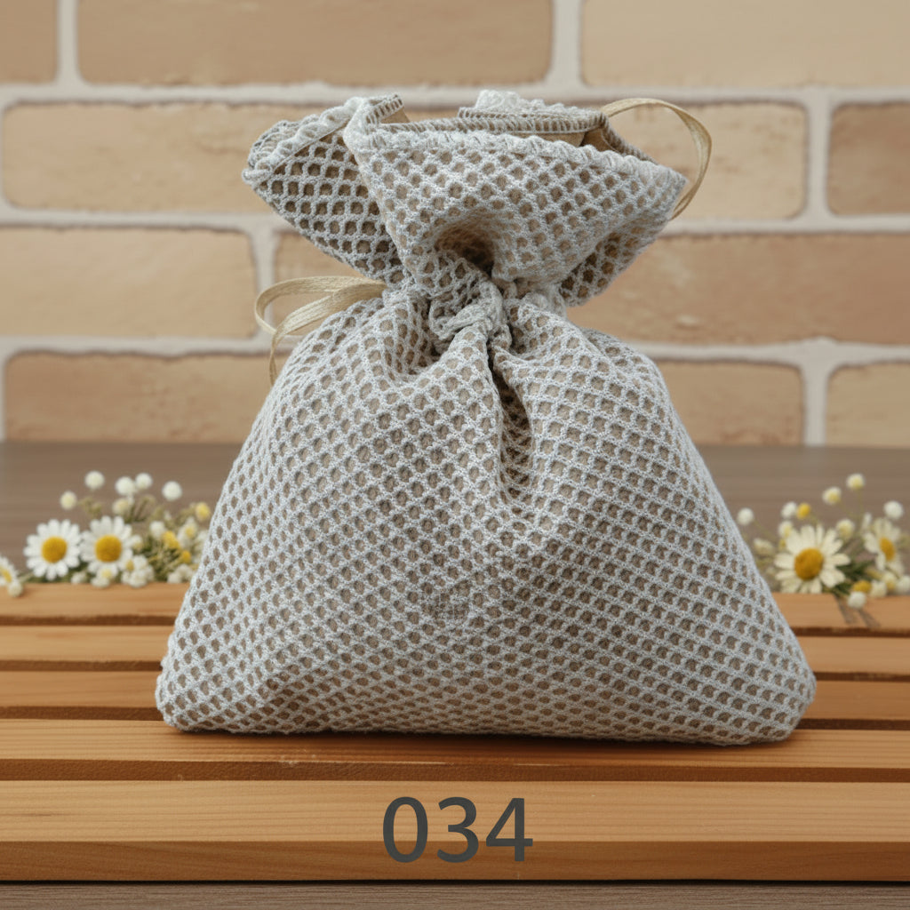 sacchettino tela tortora rete rustico naturale corda portaconfetti bomboniere fai da te e confettata matrimonio battesimo comunione cresima compleanno