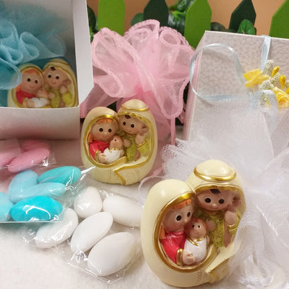 dentro o fuori dalla scatola statuina bomboniera Sacra famiglia moderna per Battesimo Comunione Cresima stilizzata confezionata confetti o kit fai da te con sacchetti