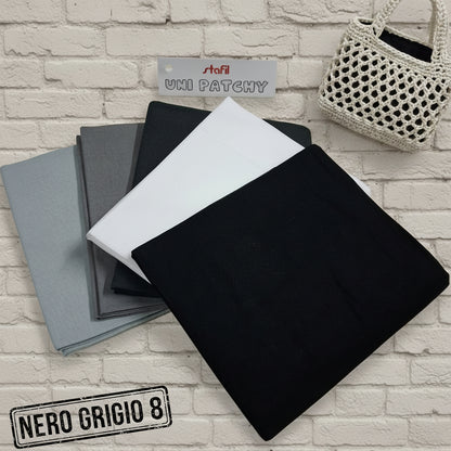 assortimento tinta unita bianco grigio nero di stoffe cotonine stock tessuti scampoli uso cucito creativo bambole di pezza fiocchi nascita hobbistica vetrinistica fodere borse uncinetto
