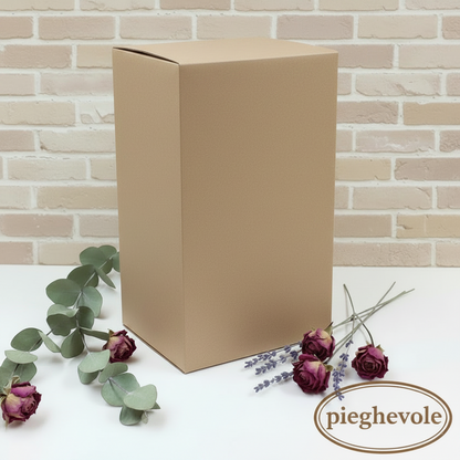scatola per confezione regalo o bomboniera cartone kraft avana beige liscio rustico naturale grezzo modello pieghevole stretta alta 10 x 10 x 25 cm