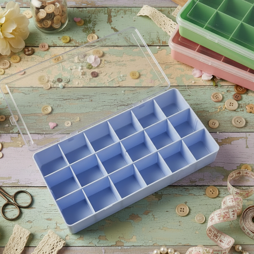 attrezzi bijoux scatole organizer contenitori vuoti porta perline 18 scomparti divisori per  materiali hobby bigiotteria cucito creativo valigetta di plastica trasparente acrilica plexiglass base colore rosa verde azzurro