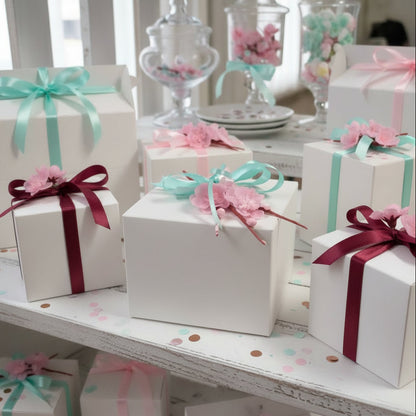 come decorare fiore di pesco rosa fiocco tiffani-chiaro scatole bianche basse quadrate coperchio bordo all'interno uso packaging confezionamento oggetti bomboniere fai da te